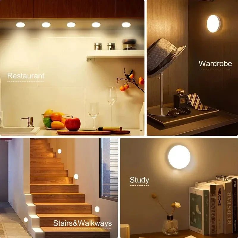 Luz noturna de LED com sensor de movimento, lâmpada recarregável via USB para armário de cozinha, guarda-roupa, escada e closet sem fio