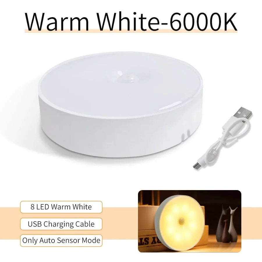 Luz noturna de LED com sensor de movimento, lâmpada recarregável via USB para armário de cozinha, guarda-roupa, escada e closet sem fio