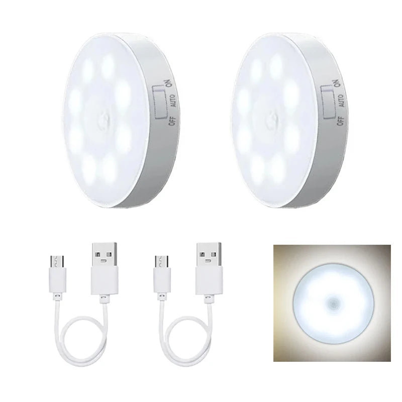 Luz noturna de LED com sensor de movimento, lâmpada recarregável via USB para armário de cozinha, guarda-roupa, escada e closet sem fio