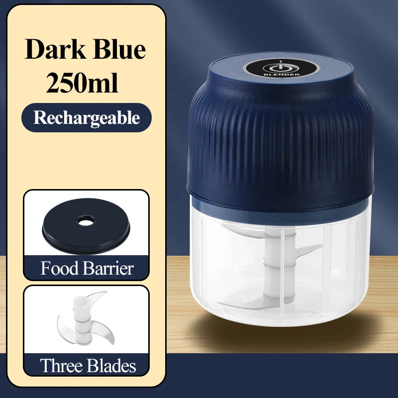 Mini processador de alimentos elétrico sem fio de 250ml, recarregável via USB, triturador de alho para utensílios de cozinha