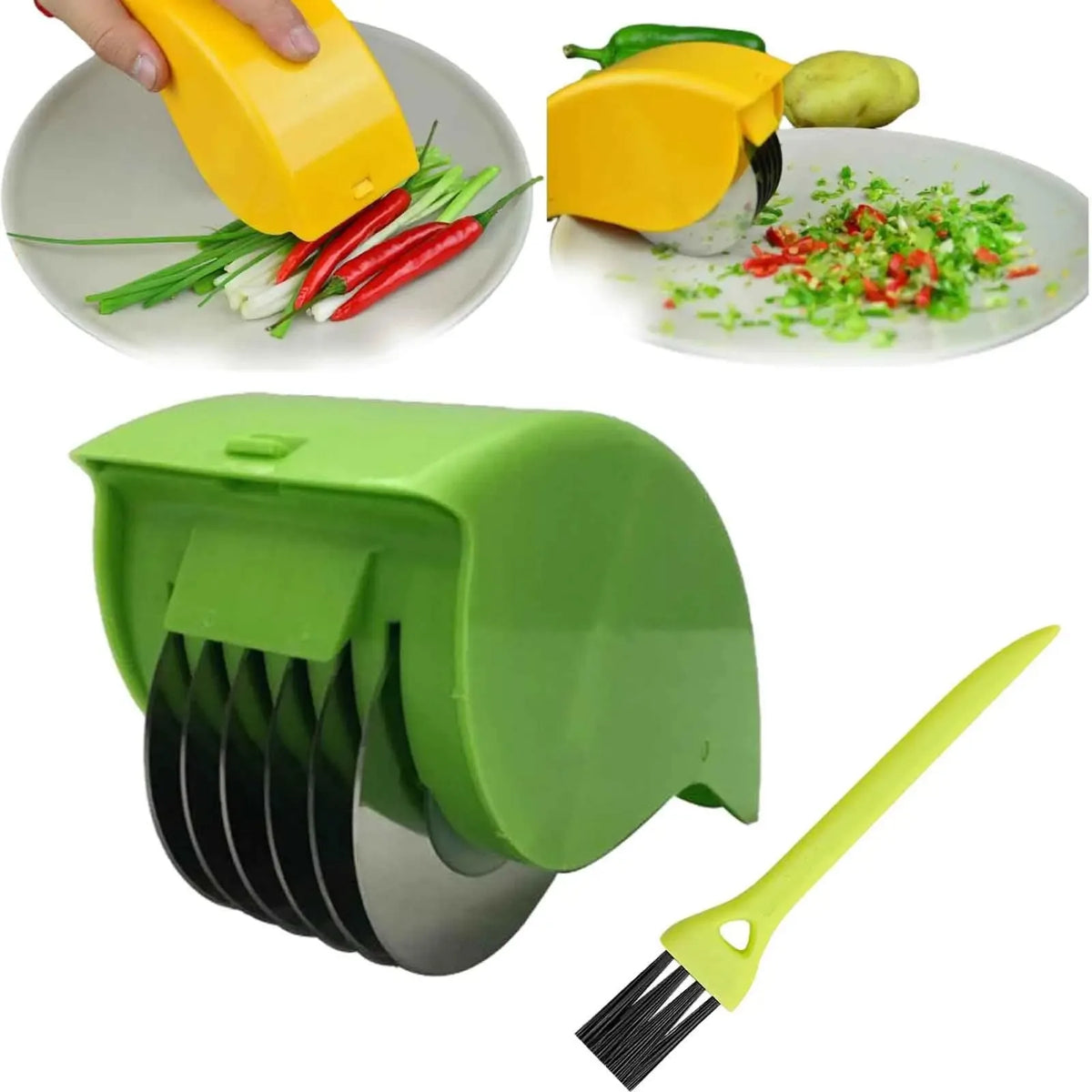 Cortador de vegetais manual tipo rolo para cebolinha com 6 lâminas de aço inoxidável, fatiador de ervas destacável, picador de salsinha e utensílios de cozinha