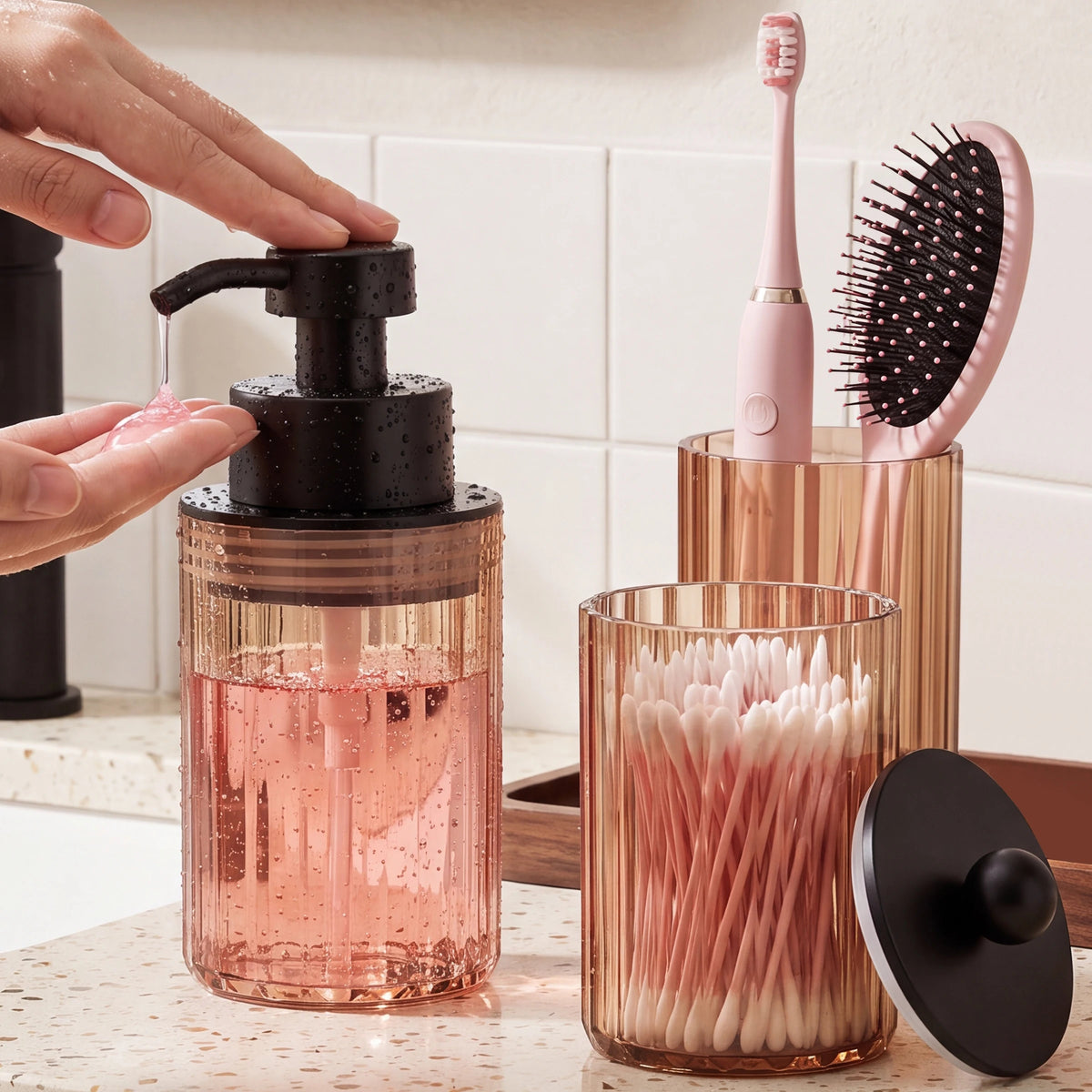 Conjunto de Acessórios para Banheiro de 3 peças, Dispenser de Sabonete Líquido para Bancada, Porta-Algodão e Copo, Kit Elegante para Presente de Casa Nova