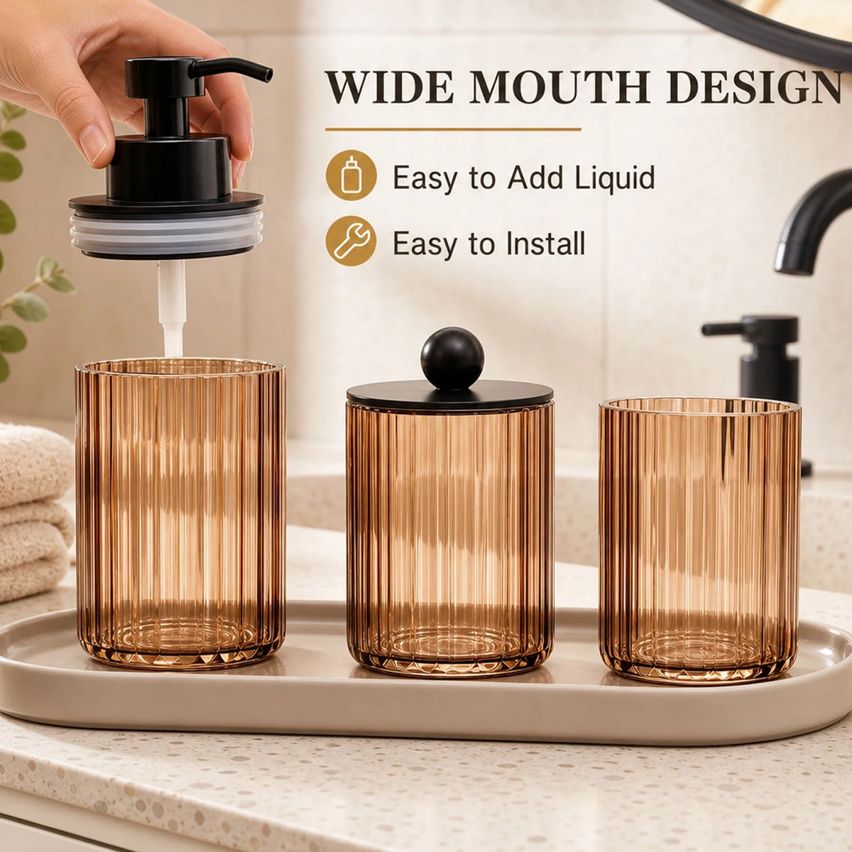 Conjunto de Acessórios para Banheiro de 3 peças, Dispenser de Sabonete Líquido para Bancada, Porta-Algodão e Copo, Kit Elegante para Presente de Casa Nova