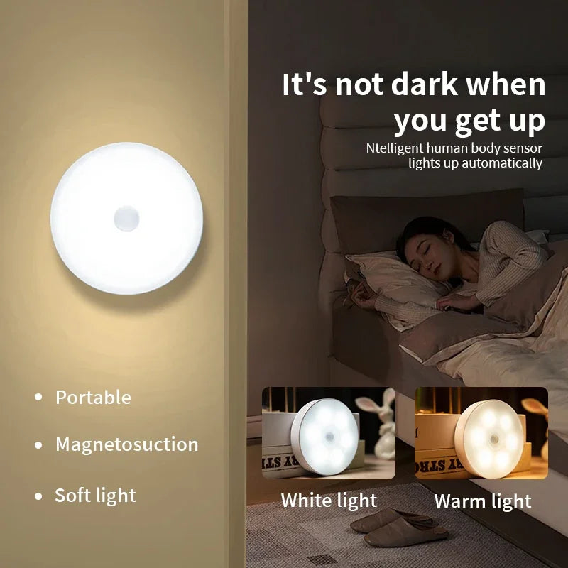 Luz noturna de LED com sensor de movimento, lâmpada recarregável via USB para armário de cozinha, guarda-roupa, escada e closet sem fio