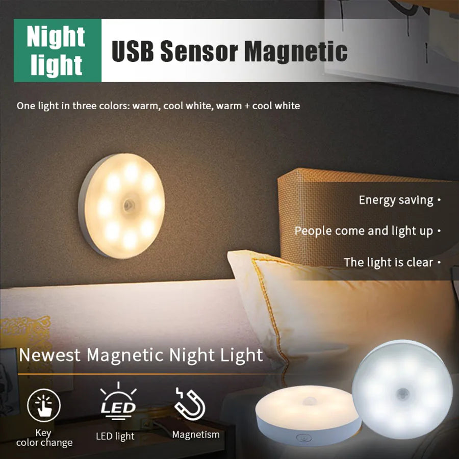 Smart LED Night Light with Motion Sensor, USB Rechargeable Bedside Lamp for Living Room, Hallway, Pathway, Toilet, Home Lighting