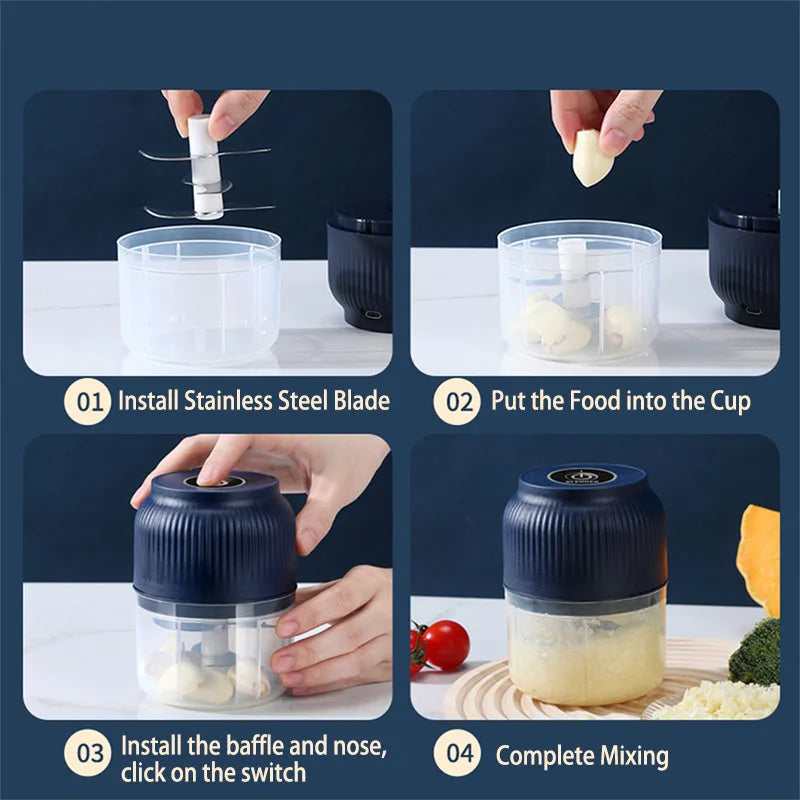 Mini processador de alimentos elétrico sem fio de 250ml, recarregável via USB, triturador de alho para utensílios de cozinha