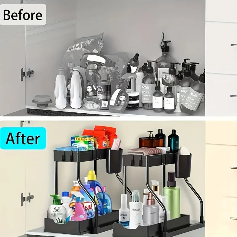 Space Saving 2 Tier Under Sink Organizer,Pull Out Storage Box Durable Large Capacity Kitchen Bathroom Essential Drawer Organizer