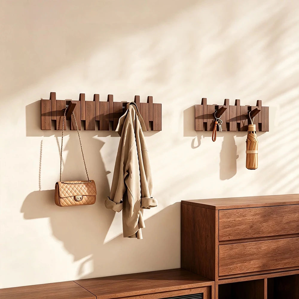 Wall Mounted Wooden Hook with 4/6 Hooks Foldable Coat Racks Art Entry Porch Wall Hanging Door Hook Key Clothes Hanger Home Decor