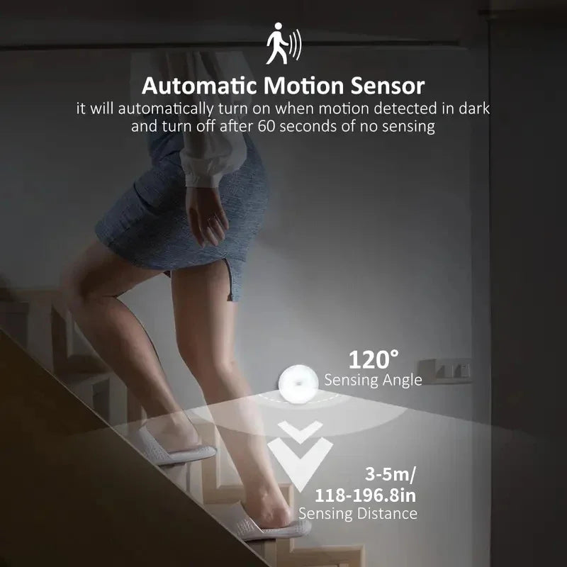 Luz noturna de LED com sensor de movimento, lâmpada recarregável via USB para armário de cozinha, guarda-roupa, escada e closet sem fio