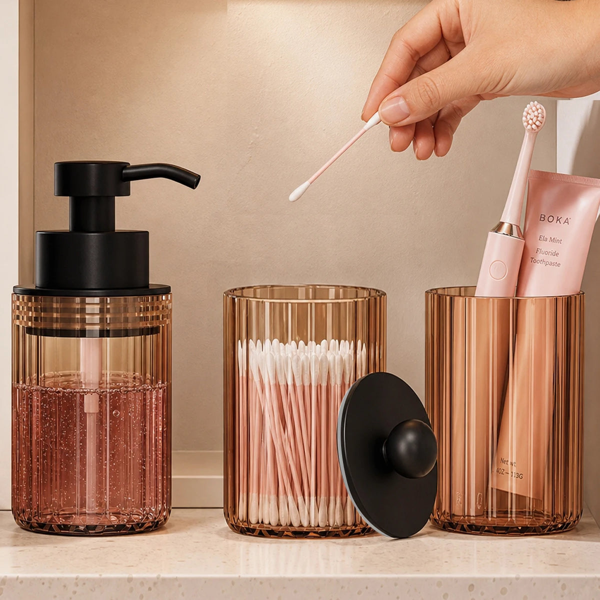 Conjunto de Acessórios para Banheiro de 3 peças, Dispenser de Sabonete Líquido para Bancada, Porta-Algodão e Copo, Kit Elegante para Presente de Casa Nova