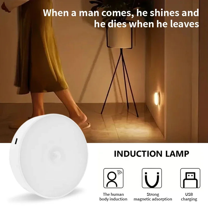 Luz noturna de LED com sensor de movimento, lâmpada recarregável via USB para armário de cozinha, guarda-roupa, escada e closet sem fio
