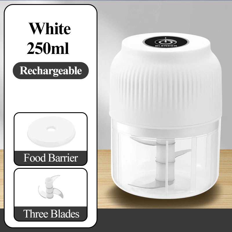 Mini processador de alimentos elétrico sem fio de 250ml, recarregável via USB, triturador de alho para utensílios de cozinha