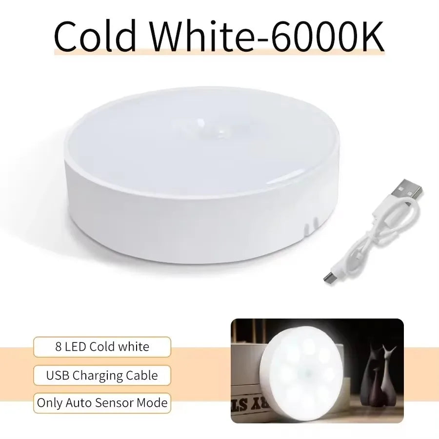 Luz noturna de LED com sensor de movimento, lâmpada recarregável via USB para armário de cozinha, guarda-roupa, escada e closet sem fio