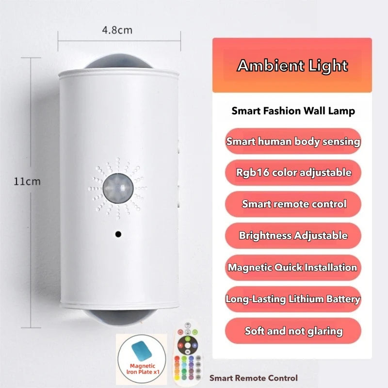 Luminária de Parede LED com Sensor Inteligente, Iluminação Ambiente RGB, Recarregável, Magnética, Luz de Pôr do Sol para Quarto, Corredor, Escadas e Luz Noturna