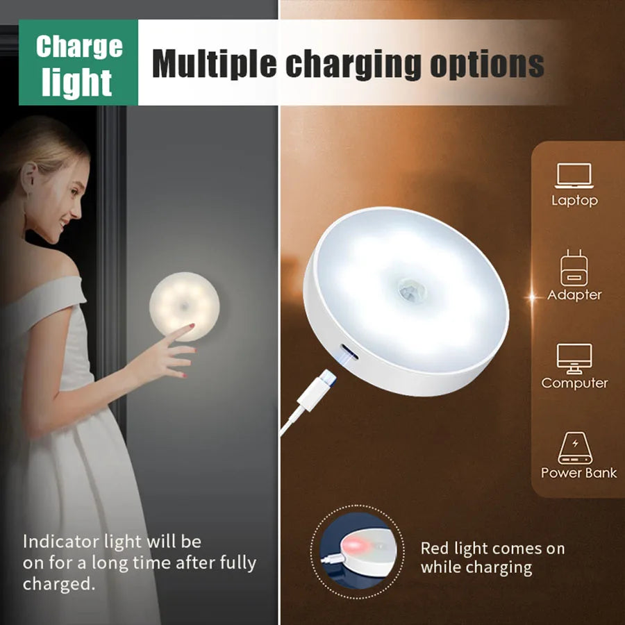 Smart LED Night Light with Motion Sensor, USB Rechargeable Bedside Lamp for Living Room, Hallway, Pathway, Toilet, Home Lighting