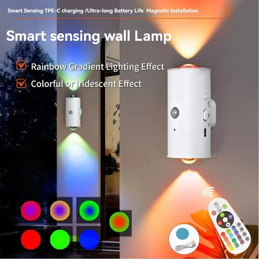 Luminária de Parede LED com Sensor Inteligente, Iluminação Ambiente RGB, Recarregável, Magnética, Luz de Pôr do Sol para Quarto, Corredor, Escadas e Luz Noturna