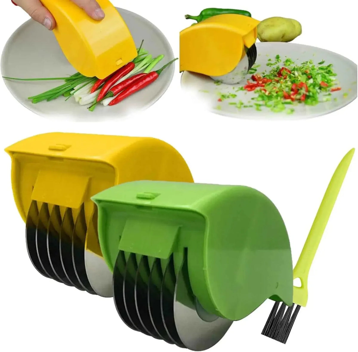 Cortador de vegetais manual tipo rolo para cebolinha com 6 lâminas de aço inoxidável, fatiador de ervas destacável, picador de salsinha e utensílios de cozinha