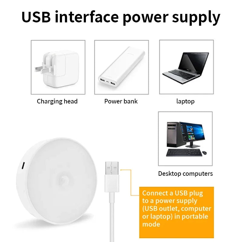 Luz noturna de LED com sensor de movimento, lâmpada recarregável via USB para armário de cozinha, guarda-roupa, escada e closet sem fio