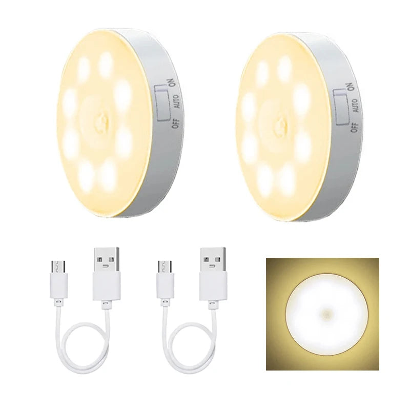 Luz noturna de LED com sensor de movimento, lâmpada recarregável via USB para armário de cozinha, guarda-roupa, escada e closet sem fio