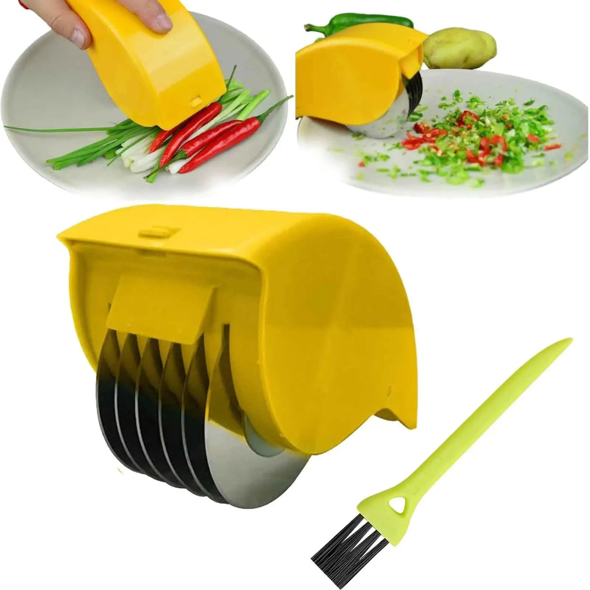 Cortador de vegetais manual tipo rolo para cebolinha com 6 lâminas de aço inoxidável, fatiador de ervas destacável, picador de salsinha e utensílios de cozinha