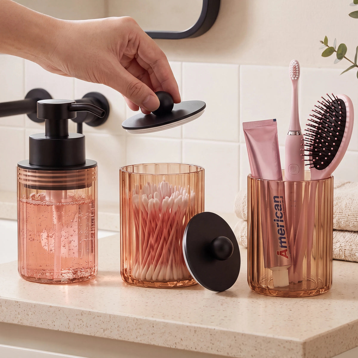 Conjunto de Acessórios para Banheiro de 3 peças, Dispenser de Sabonete Líquido para Bancada, Porta-Algodão e Copo, Kit Elegante para Presente de Casa Nova