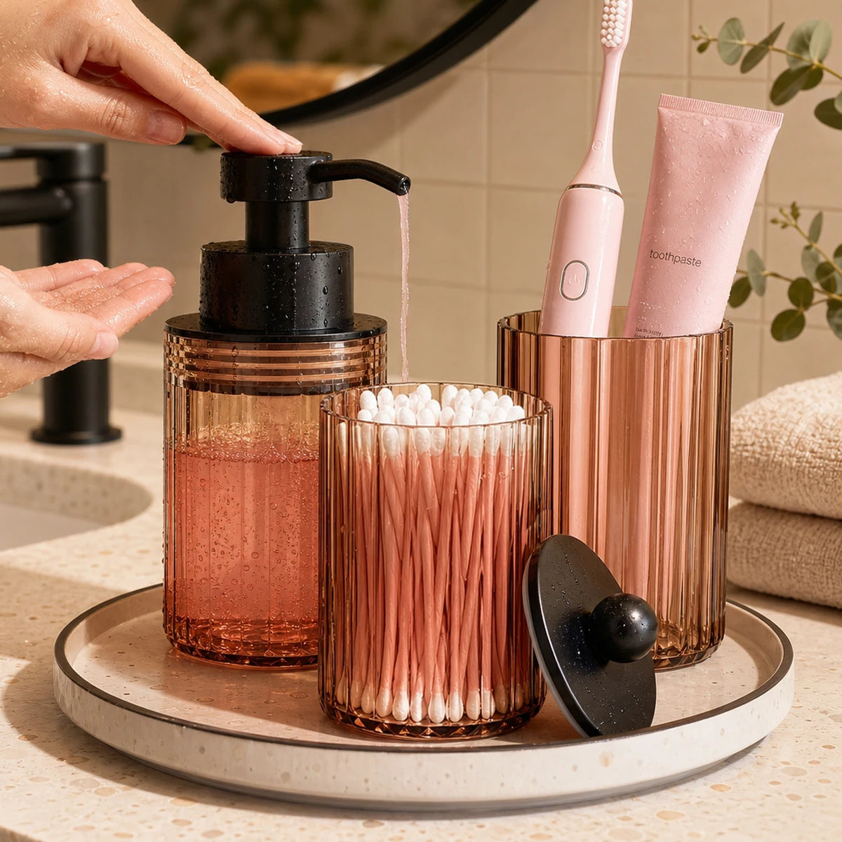 Conjunto de Acessórios para Banheiro de 3 peças, Dispenser de Sabonete Líquido para Bancada, Porta-Algodão e Copo, Kit Elegante para Presente de Casa Nova